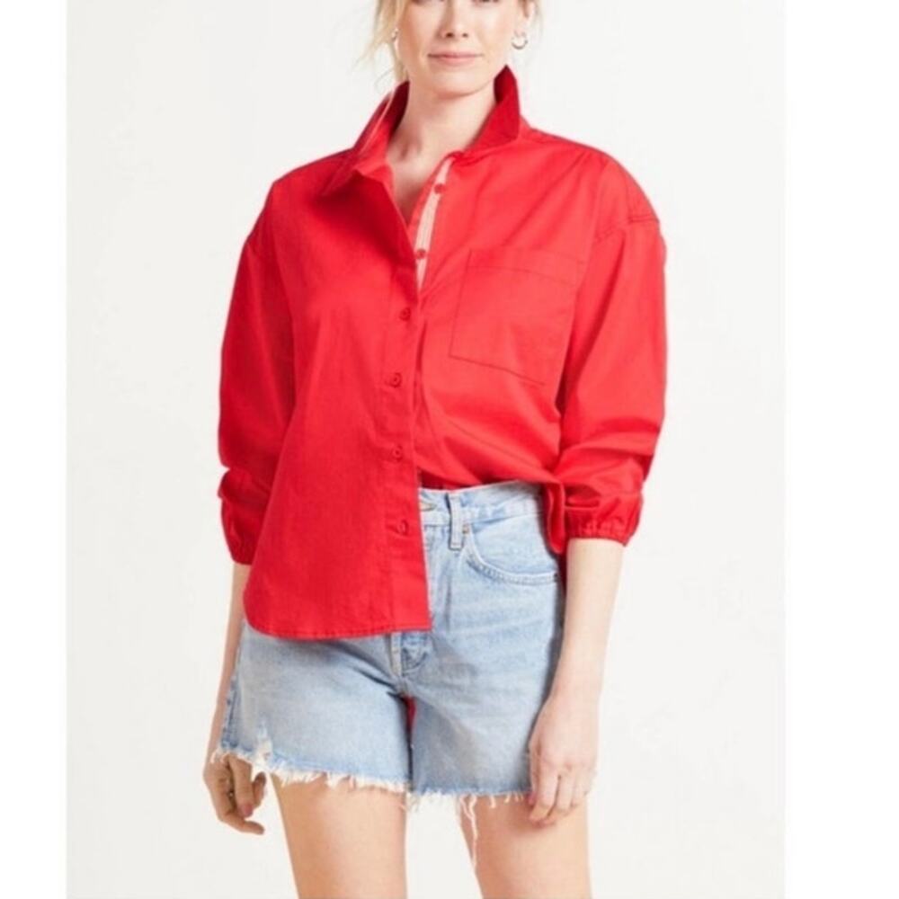 Sundry for Evereve Red Button Down Shirt Cotton Stretch Oversized Top Size 3